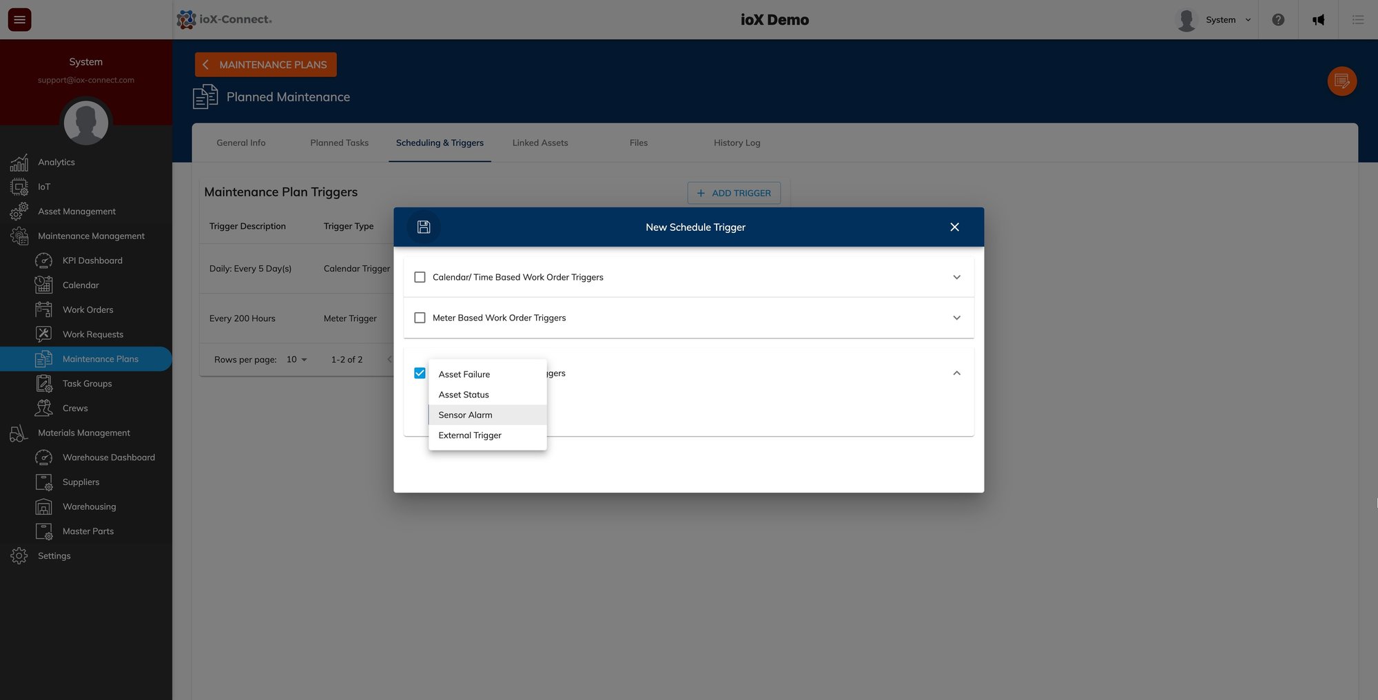 CMMS Maintenance Triggers based on Sensor Alarm or Reading